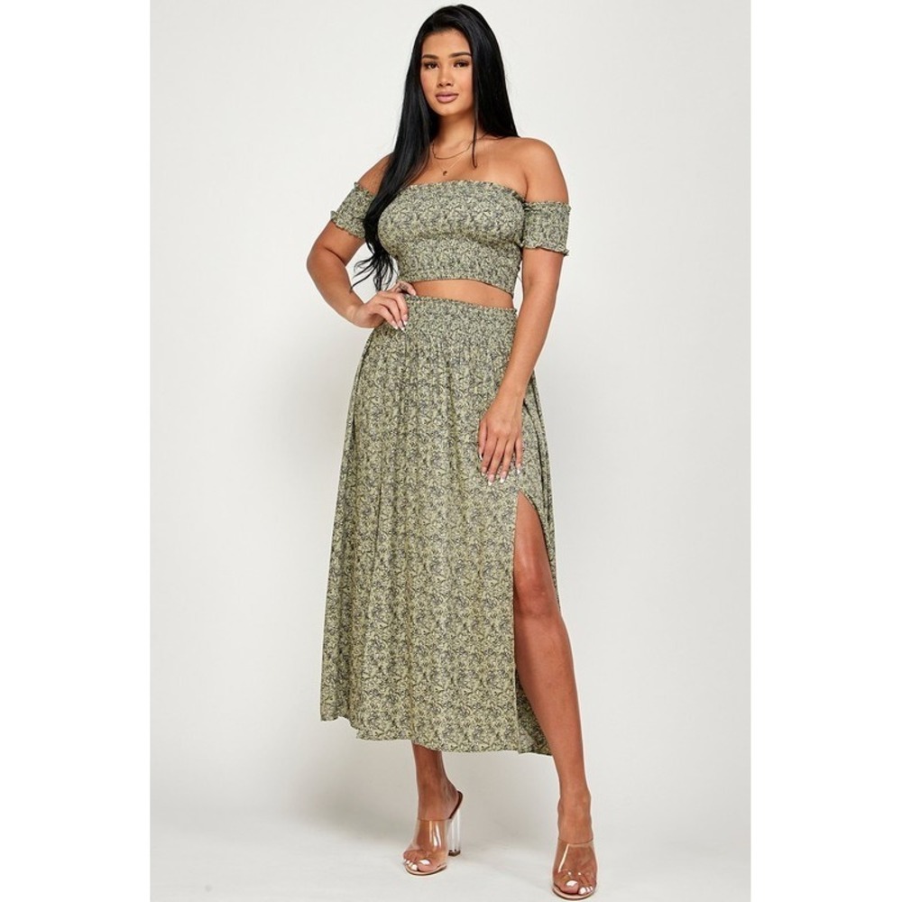 NEW Blush BJ Size Sm Green Floral 2-Piece Set Off Shoulder Crop Top Maxi Skirt